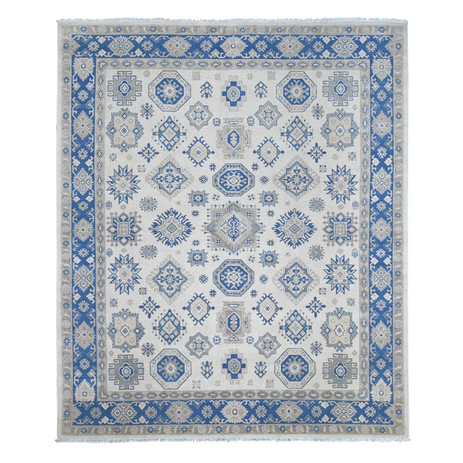 7'9"x9'3" Pearl White, Vintage Look Kazak with Geometric Floral Elements, 100% Wool, Hand Knotted, Natural Dyes, Oriental Rug 